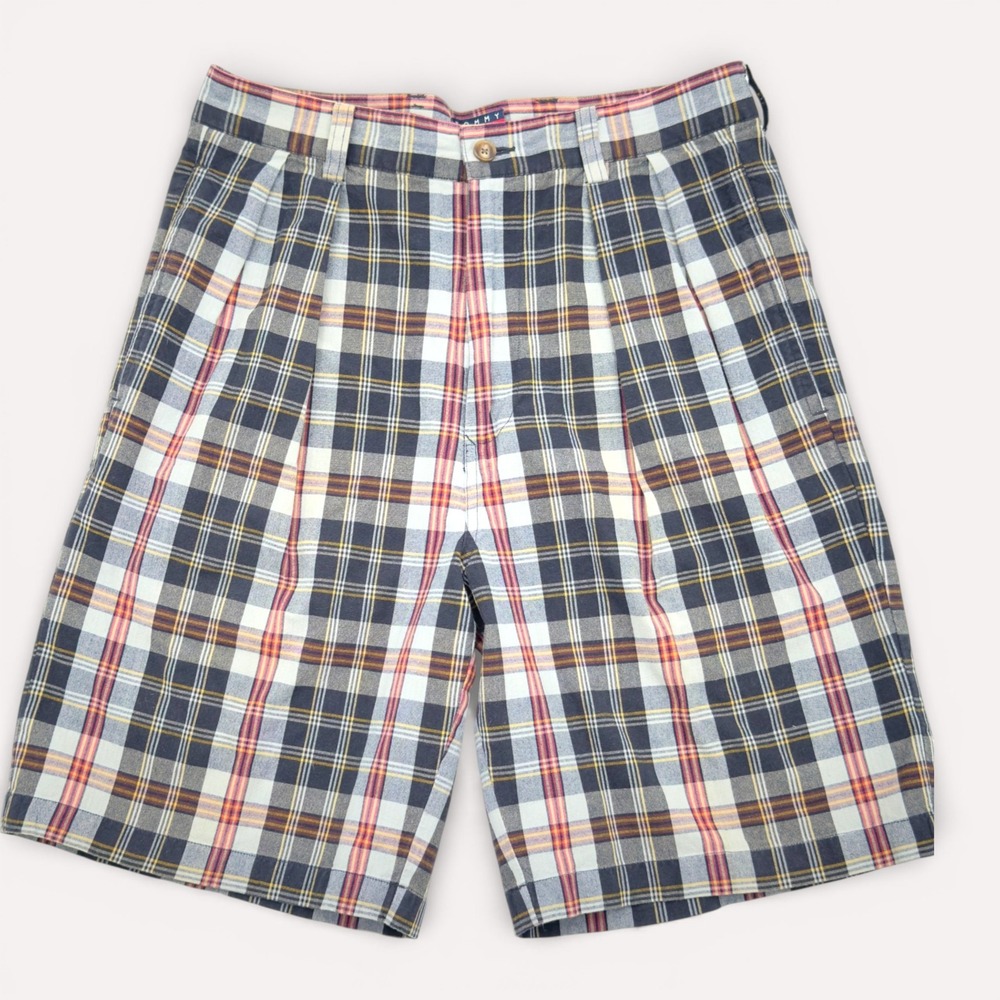 Tommy Hilfiger Mens Vintage Pleated Plaid Shorts Size 31 Cotton Preppy‎ Golfcore